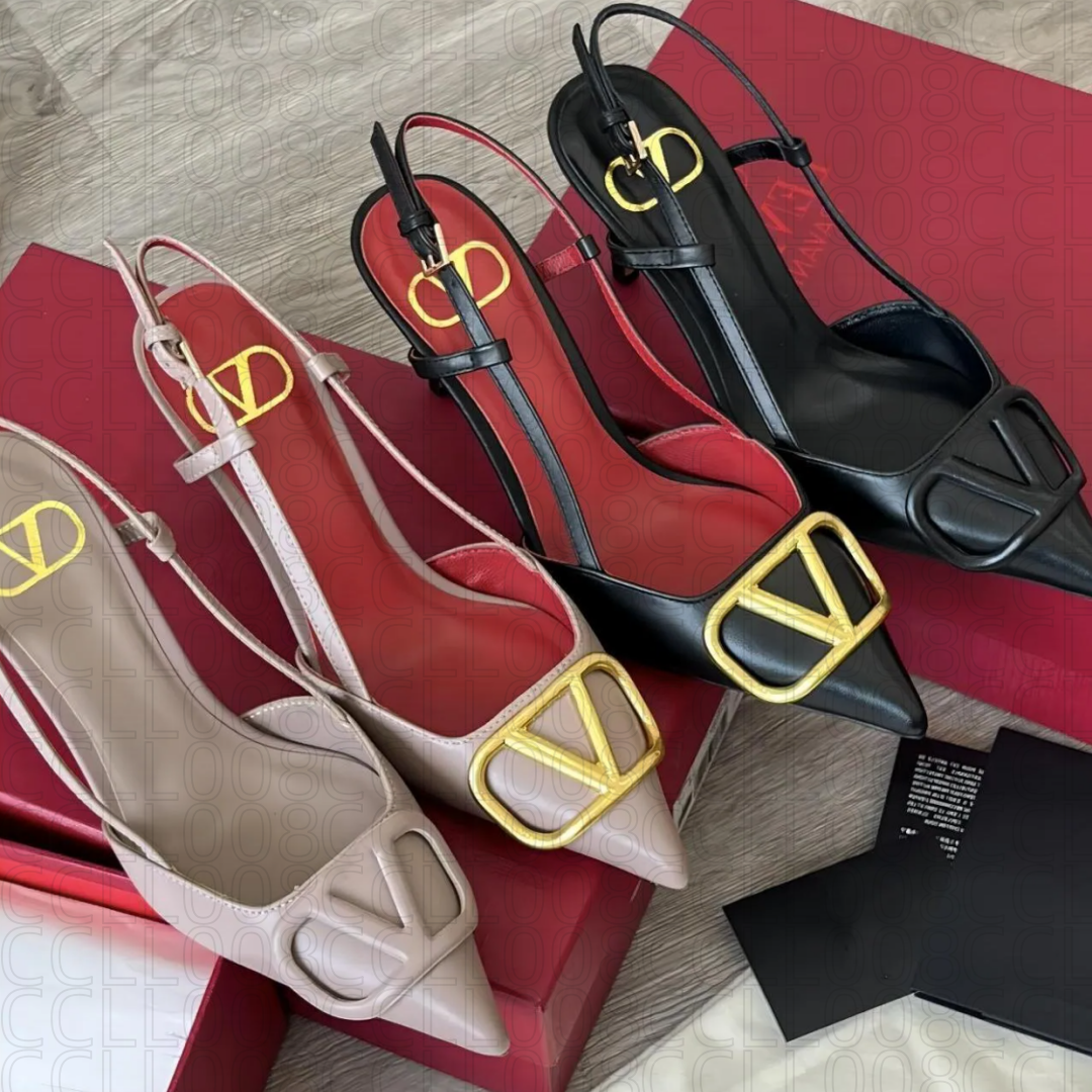 Sandals Designer Women High Heels 4cm 6cm 8cm 10cm Pointed Toe Sandals Classic Metal V Buckle V Shoes Nude Black Red Matte ShoesThin 35-44 With Dustbag
