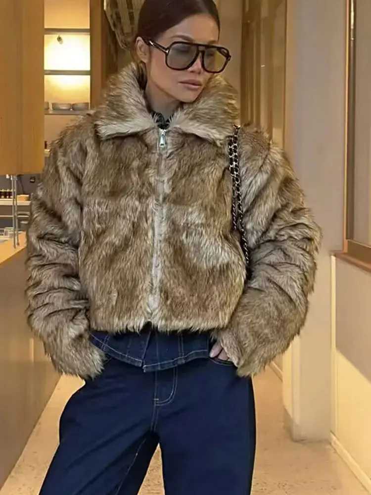 HH Womens Fashion Khaki Fur All-in-one Fur Casual Jacket Retro Lapel Zipper Decoration Womens Winter Warm Street JacketT251201
