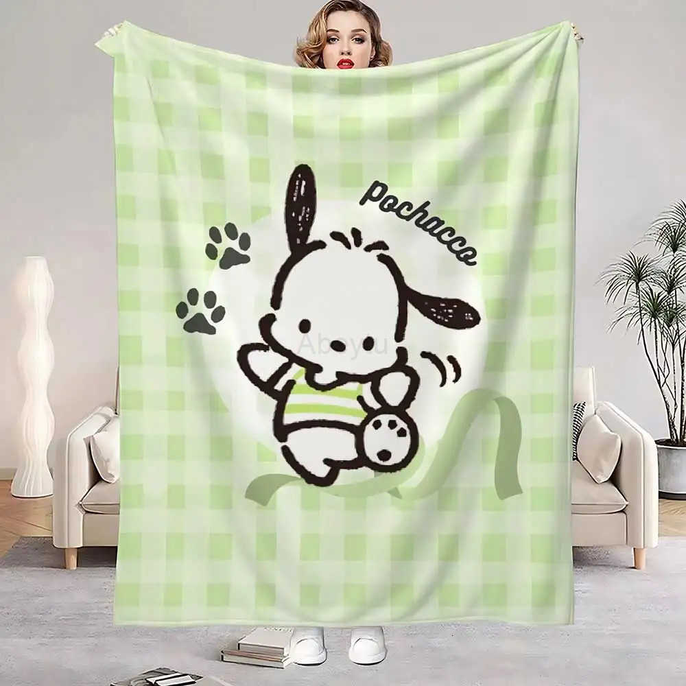 Sanrio Kawaii Green Pochacco Hairy Blankets for Bed Blanket 150cm X 200cm Home Interior Luxury Bedding Fluffy Plaid Sofa Throw Knee Nap H251201