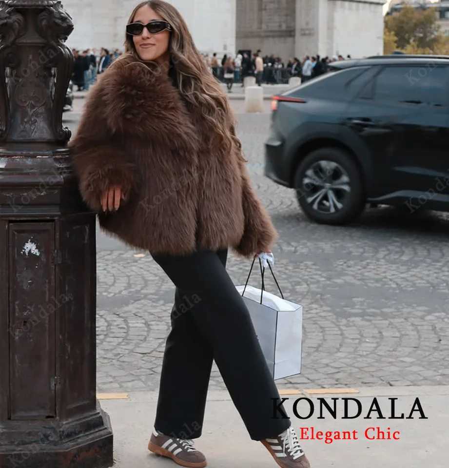 KONDALA Elegant Fur Coat Women Fall Winter Fashion Warm Faux Fur Brown Coat 2025 New Fashion Vintage Casual Female Jacket CoatT251201