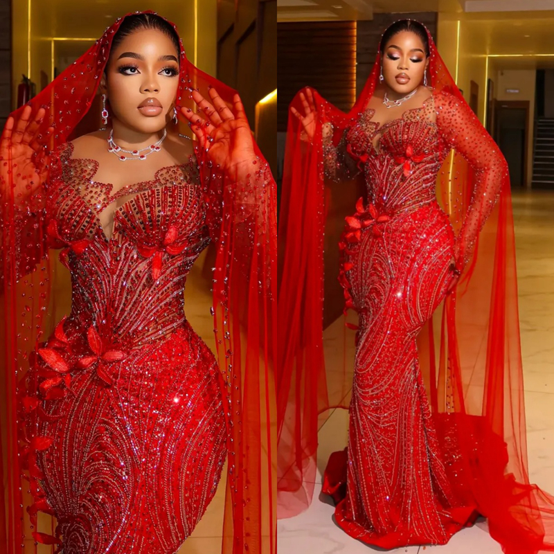 Plus Size Red 2026 Prom Dress Mermaid Evening Dresses For Black Women Beaded Lace Crystals Flora Illusion Long Sleeves Birthday Dress Second Reception