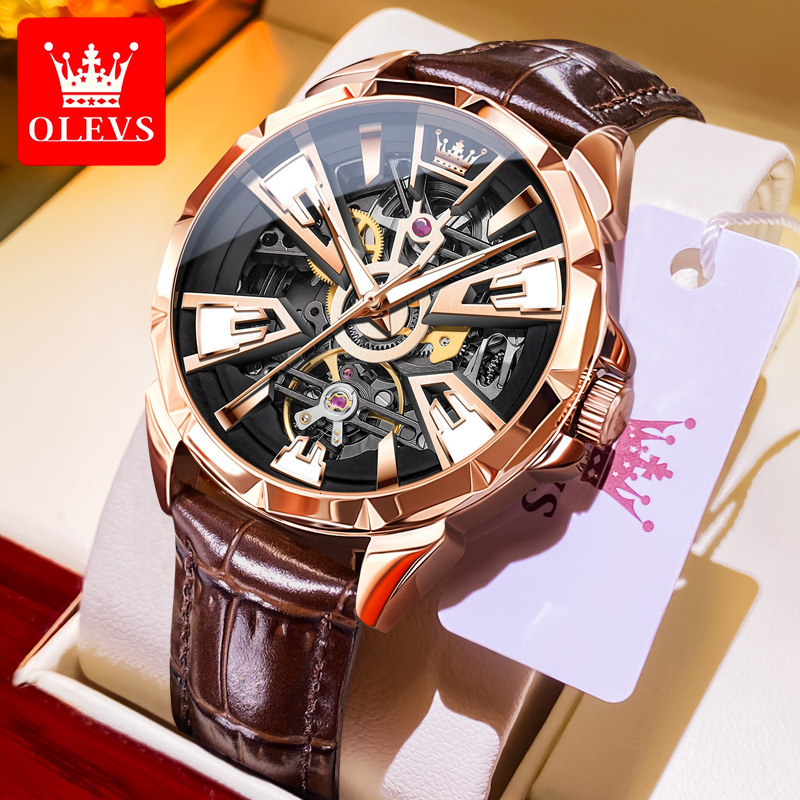 OLEVS Designer Luxury Men's New Business Watch Fashion Leather Strap Hollow Out Mechanical Luminous Waterproof Outdoor Sports Watch Free Shipping
