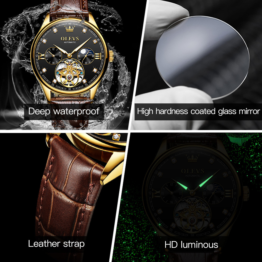 OLEVS Designer Luxury Men's Waterproof Watch Versatile Exquisite Leather Strap Mechanical Watch Men's Multi Code Table Business Watch Free S