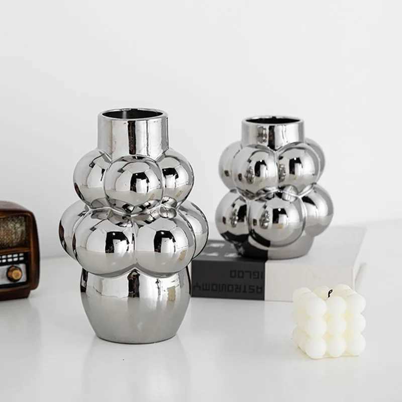 Sliver Bubble Vase Centerpiece Aesthetic Decoration Ceramic Flowerpot Tabletop Wedding Gift Accessories Living Ro as Grass Y251201