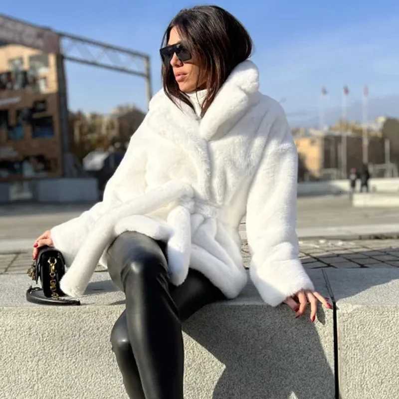 White Womens Winter Belted Artificial Fur Coat Turn Doen Colar Thickned Ladys Faux Fur Jacket Temperament Mink Coat For FemaleT251201