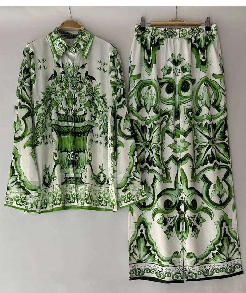 Women's Wear Luxury Printed Loose Long-Sleeved Shirt Spring And Summer Women's Two-Piece Suit+Elastic Waist Straight Pants Casual Suit