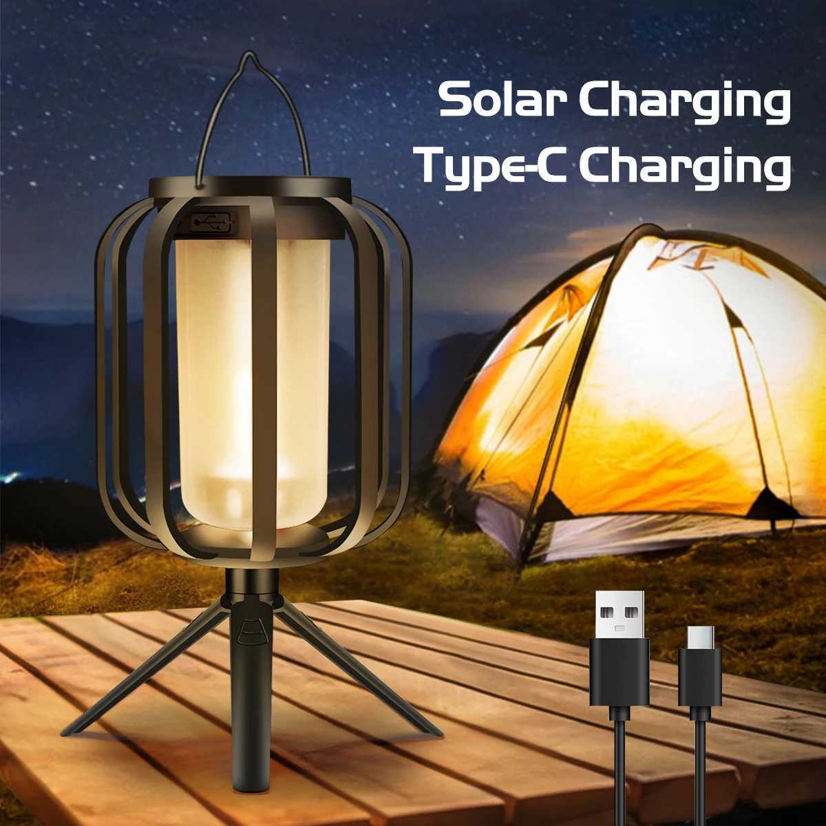 Solar USB Rechargeable Flame Lantern With 4 Lighting Modes IP65 Waterproof Outdoor Solar Wall Lamp for Camping Garden Porch M251201
