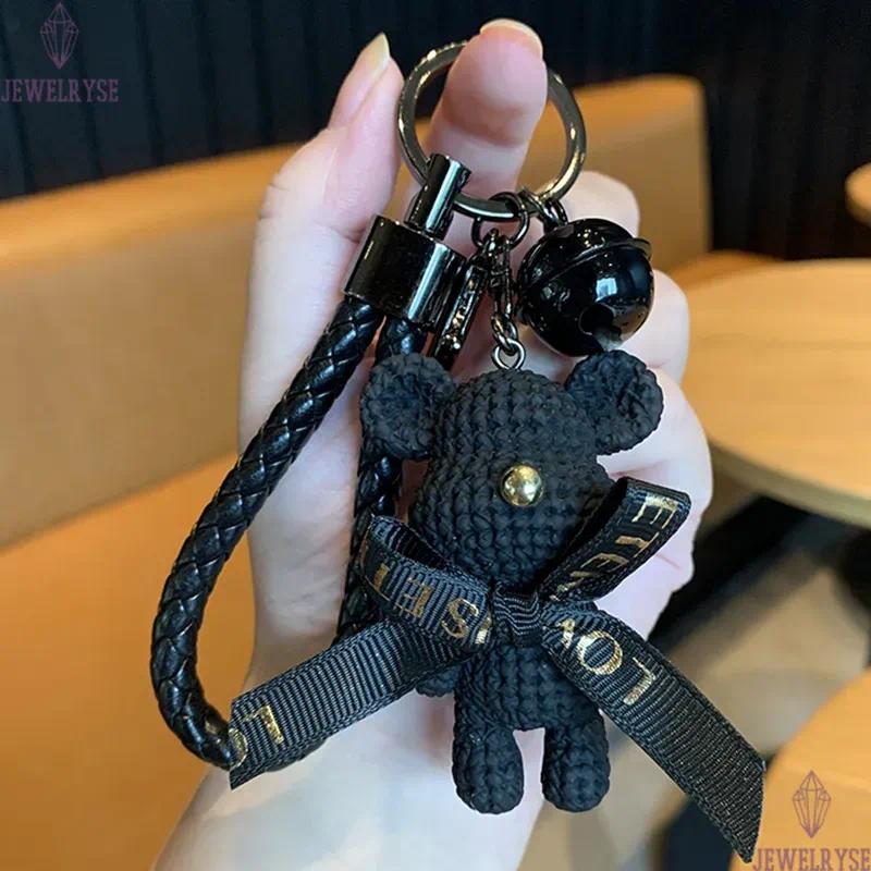 3D Animal Doll Key Chain Rings Bow Woolen Bear Bell Braided Woven Car Keychains Holder Gold Metal Handbag Backpack Pendant Keyrings Gifts Bag Charms A