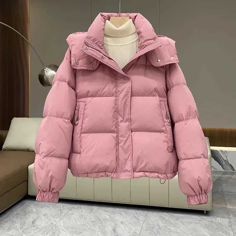 2025Autumn Winter New Down Cotton Jacket Womens Korean Solid Thicken Warm Hooded Short Coat Female Casual Ladies TopT251201