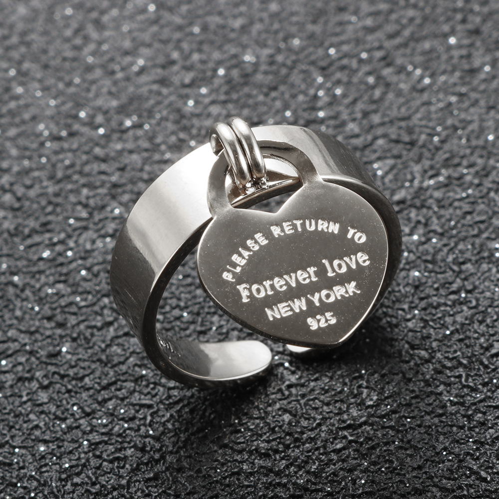 Cross Border Hot Selling Titanium Gold Plated With Carved Letters For Women Peach Heart Pendant Micro Opening Stainless Steel Ring