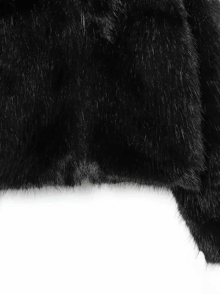 Women 2025 Winter New Hooded Short Faux Fur Jacket O Neck Womens Furry Jacket Long Sleeves Plush Coat Stylish Streetwear TopT251201