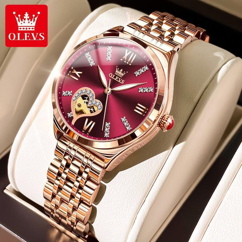 OLEVS Designer Classic Temperament Women's Watch Luxury Stainless Steel Waterproof Mechanical Watch Heart-shaped Diamond Business Watch Free Ship