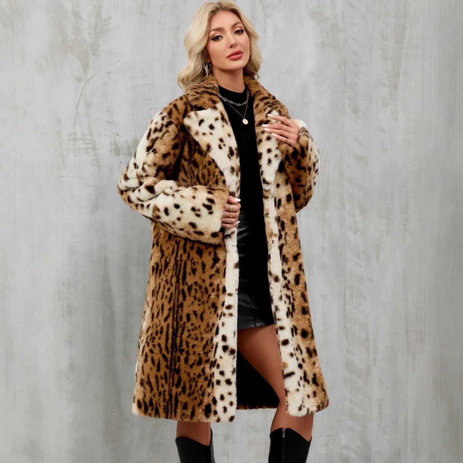 Faux Fur Women Coats Leopard Long Jackets Turn Down Collar Full Sleeves Single Breasted Straight Fit Casual Autumn Winter 2025T251201