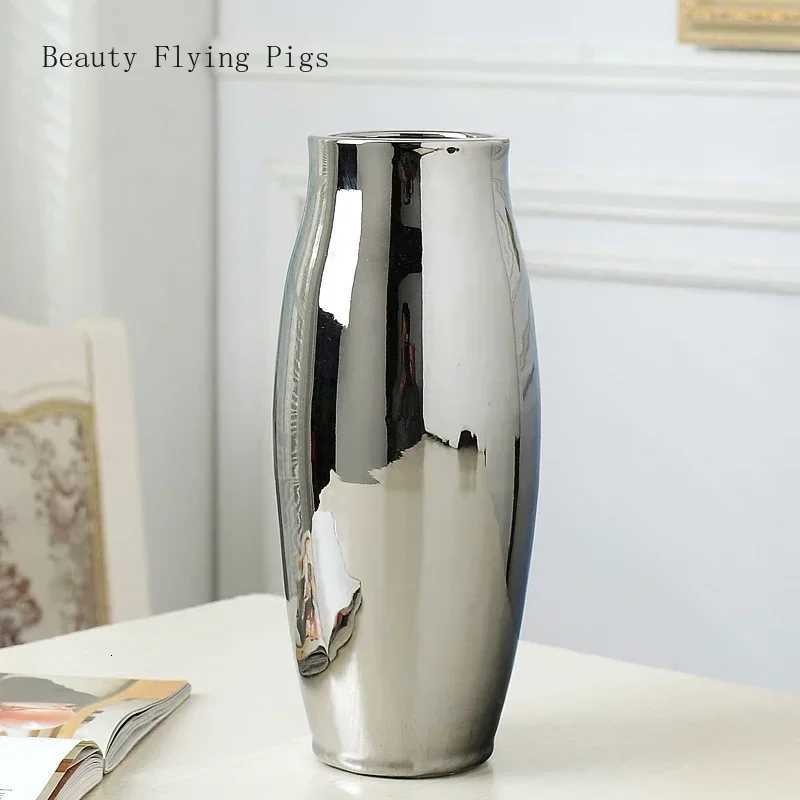 He living ro TV cabinet wine cabinet decoration ornaments simple fashion soft work art ceramic gold-plated silver vase Y251201