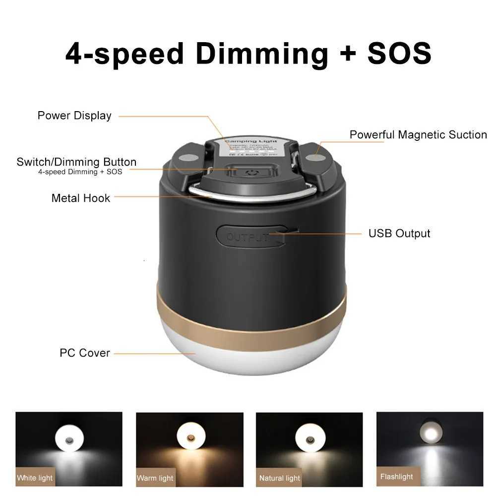 Portable Outdoor Camping Lantern Super Bright Flashlight USB Rechargeable Magnetic Work Light Dimmable Waterproof Emergency Lamp M251201