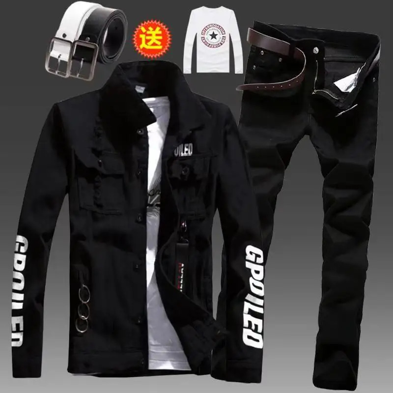 Mens Slim Fit Denim Jacket Pants 2pcs Set Long Sleeve Coats Letters Printed Casual Large Size Black White Red Boys Trousers251129