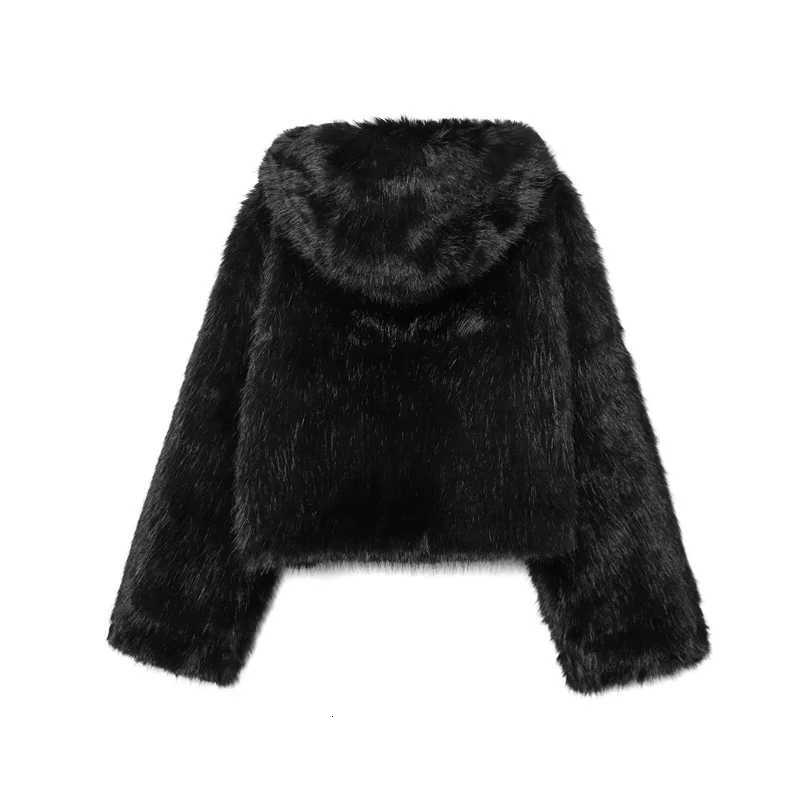 Womens Jacket 2025 Autumn/Winter New Style Black Long-Sleeve Faux Fur Hooded Jacket Fashionable and WarmT251201