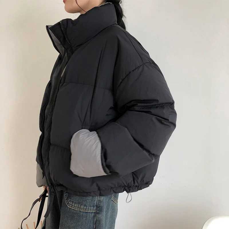 Womens Autumn Winter Short Puffer Jacket Korean Style Solid Color Stand Collar Bread Coat Female Cotton Down Outerwear ParkasT251201