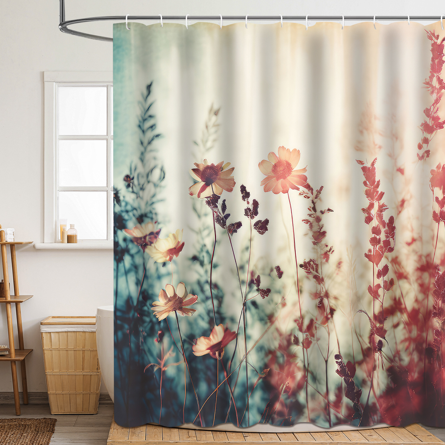 YL-37851 Shower Curtain with Digital Printed Floral Design, Polyester, Waterproof and Mildew-Resistant Shower Bathroom Partition Curtain
