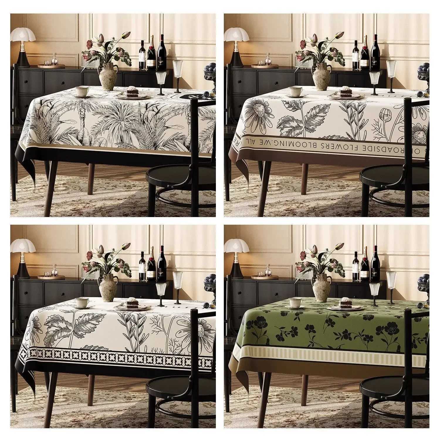 French Black Plant Pattern Tablecloths Green Minimst Lint Decor Dust Cover Premium Rectangular Coffee Table Tablecloth Y251201