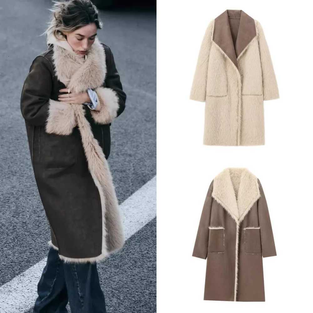 Vintage Fur Leather Long Jackets Women Casual Lapel Big Pockets Thicken Warm Coats Female 2024 Winter Chic Loose Outwears LadyT251201