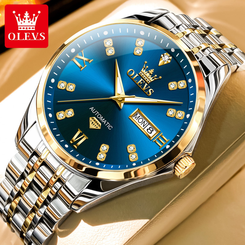 OLEVS Designer Outdoor Men's Automatic Mechanical Diamond Waterproof Double Calendar Steel Band Mechanical Business Watch Free Shipping Wholesale