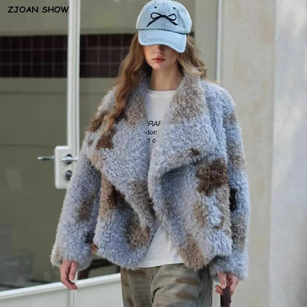 HIGH QUALITY Winter Large Lapel Curly Lamb Fur Coat Long sleeve Warm Shaggy Tie dye Gradient Faux Fur Jacket Loose OuterwearT251201
