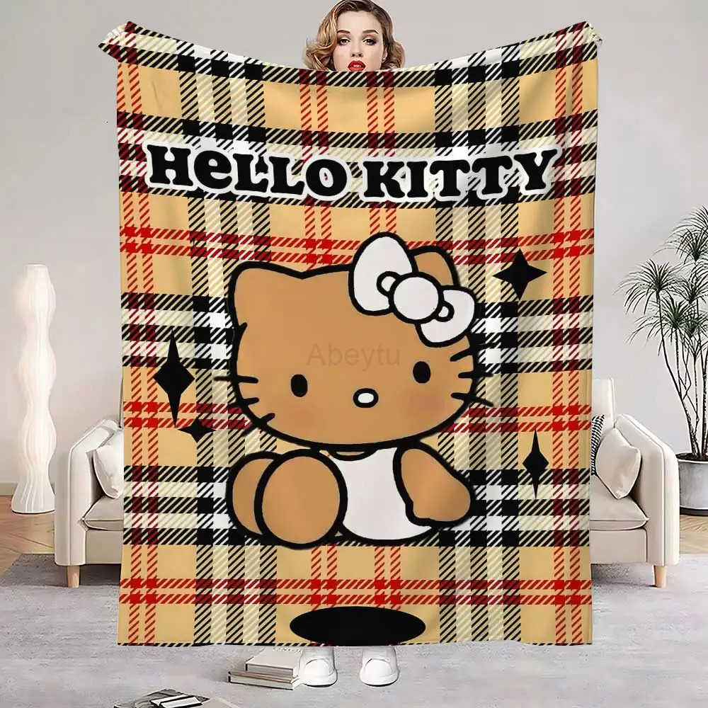 Sanrio Cute Throw Blanket for Sofa Luxury Blankets Kawaii Cat Hellos Checkered Pattern Home Interior Fluffy Plaid Microfiber Bedding H251201