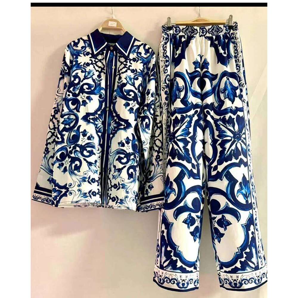 Women's Wear Luxury Printed Loose Long-Sleeved Shirt Spring And Summer Women's Two-Piece Suit+Elastic Waist Straight Pants Casual Suit