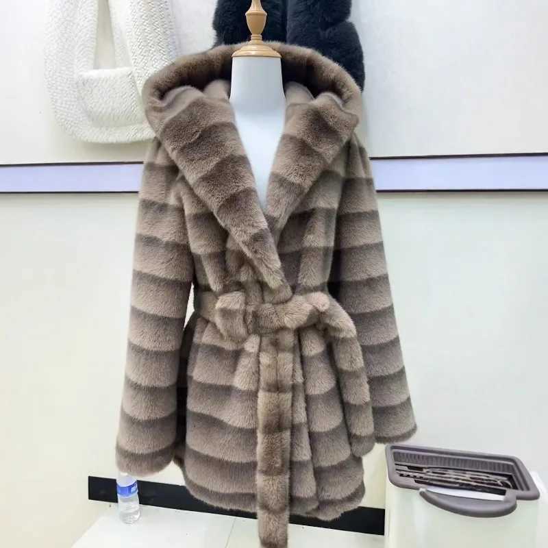 New Luxury High Quality Fur Coat Women Thickened Warm Winter Mink Faux Fur Fashion Belted Hooded Jacket Long Sleeves Top TrendyT251201