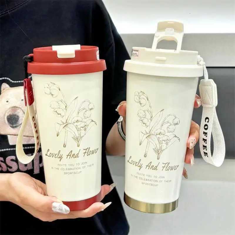 500ml Dual Drink Vacuum Flask with Straw Insated Cup Thermal Water Bottle 316 Stainless Steel Wen Flower Coffee g H251201 W260226