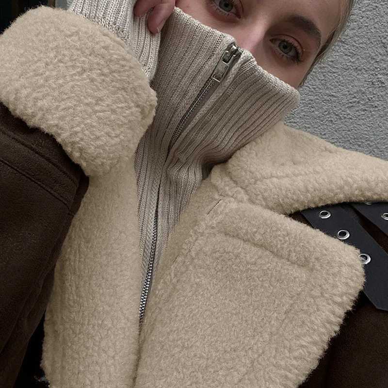 Warm Thicken Women Faux Lambswool Loose Jacket Traf 2024 Winter Long Sleeve Faux Suede Coat Female Casual Top Y2K ClothesT251201