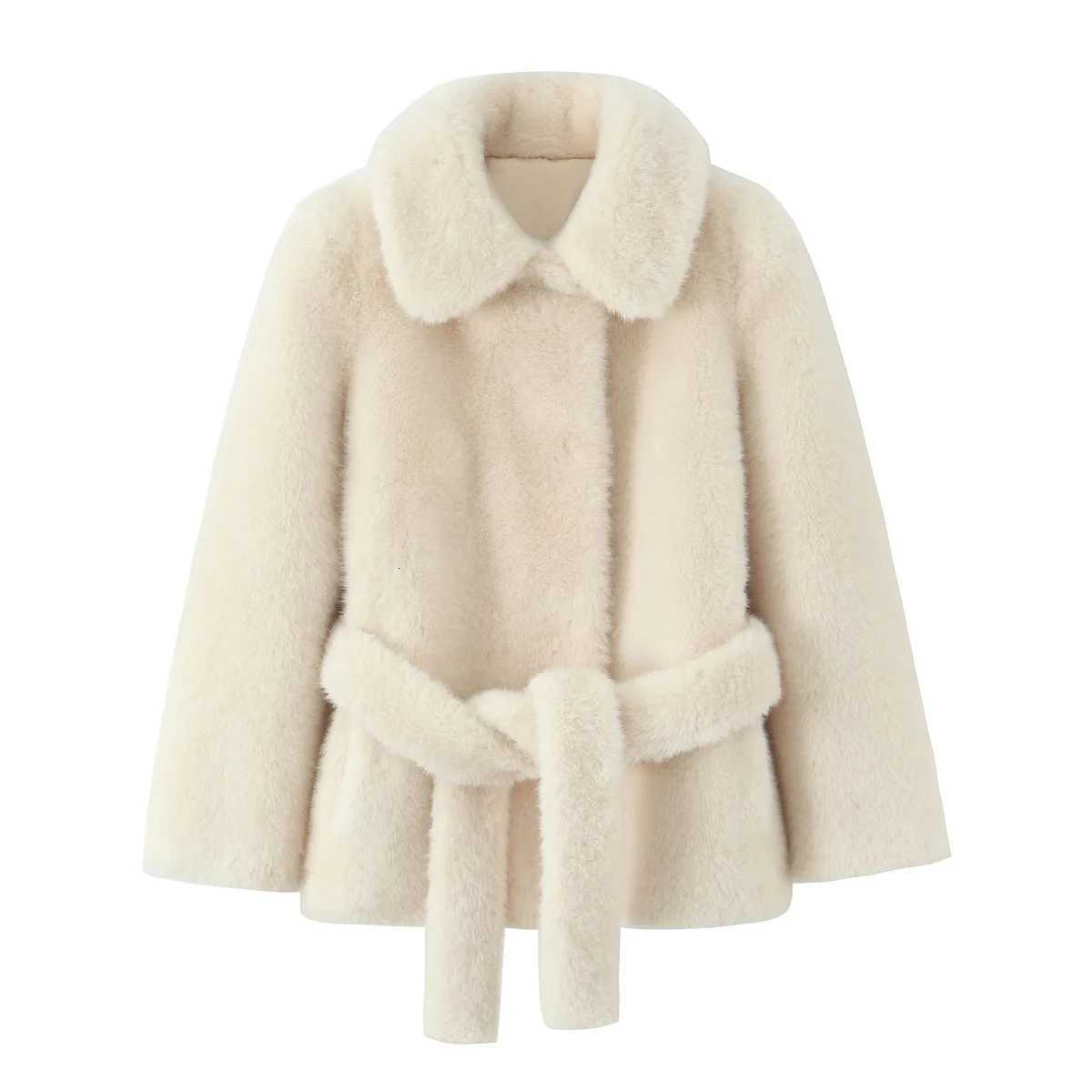 Women Fall Winter Elegant Faux Fur Belt Coat Lapel Beige Warm Fur Short Coat 2025 Fashion High Street Casual Female CoatT251201