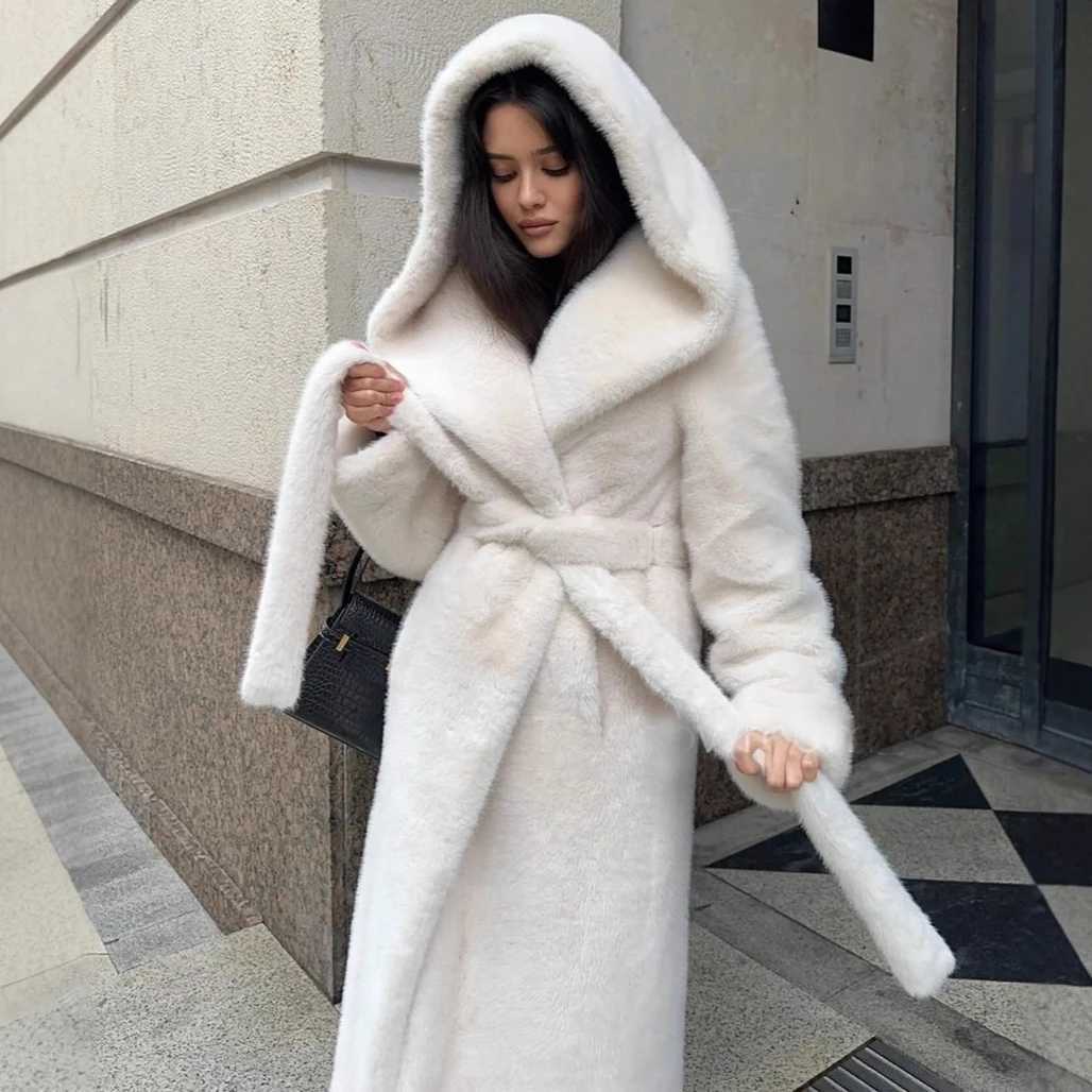Women Faux Fur Long Coats Hooded Overcoats Lace Up Full Sleeves Open Stitch Thick Loose Jackets Elegant 2025 Autumn WinterT251201