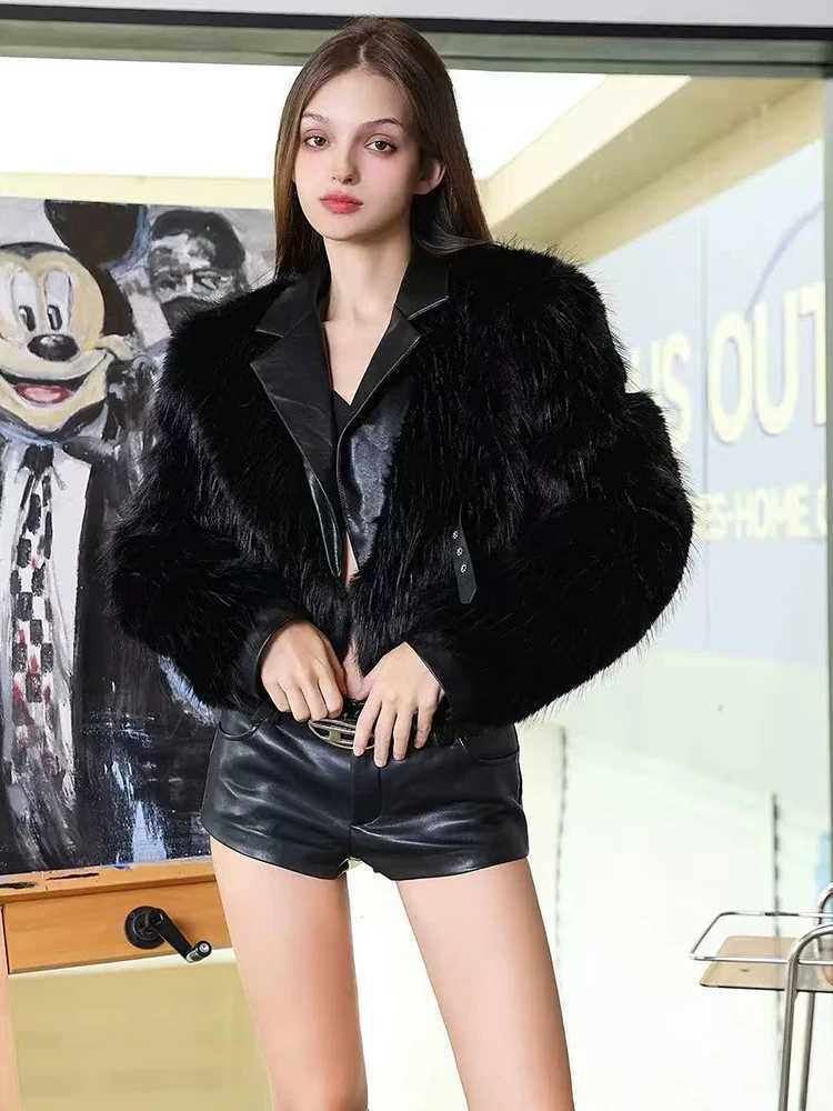 Black Faux Fur Crop Coat for Women Y2K Fashion Streetwear Patchwork Fluffy Short Jacket Korean Lapel Cardigan Faux Fox Fur ParkaT251201
