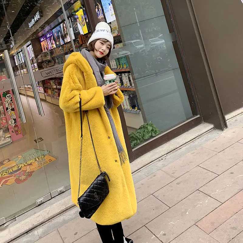 Faux Mink Fur Coats Women Long Solid Fur Jackets Pocket Hooded Long Sleeves Coverd Button Thick Loose Casual 2025 Autumn WinterT251201
