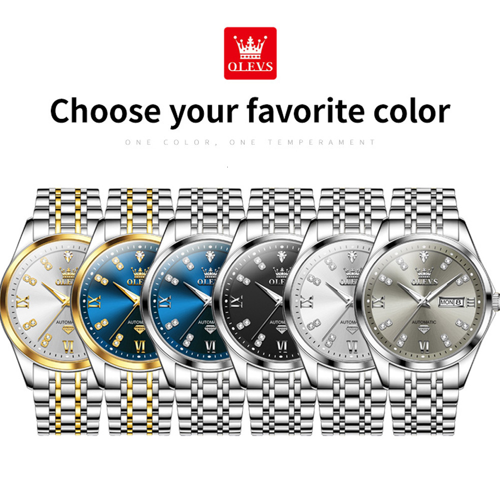 OLEVS Designer Outdoor Men's Automatic Mechanical Diamond Waterproof Double Calendar Steel Band Mechanical Business Watch Free Shipping Wholesale