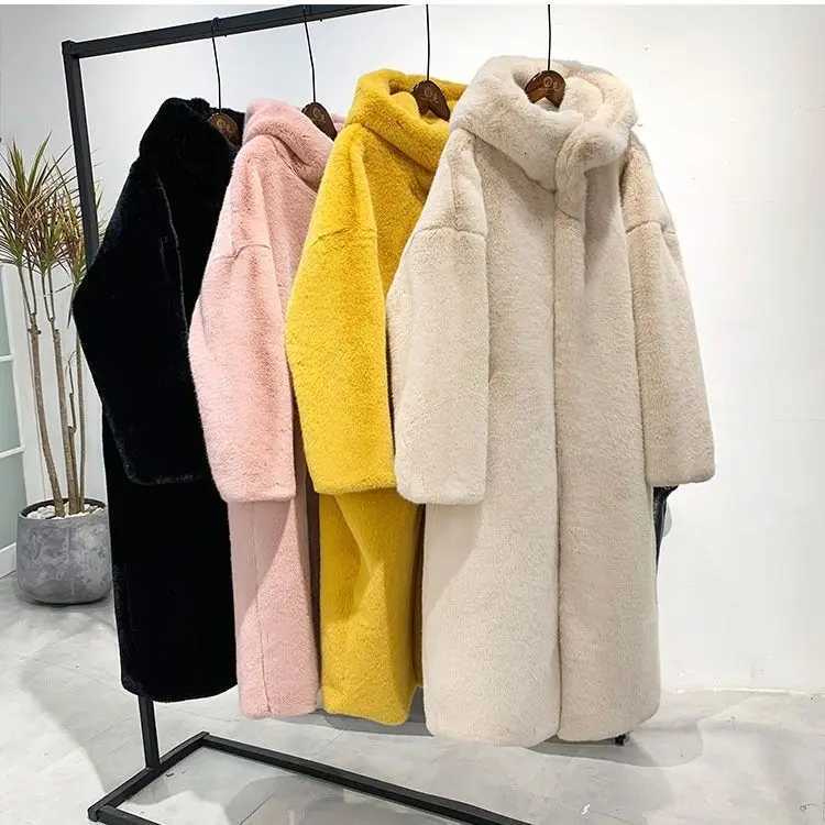 Faux Mink Fur Coats Women Long Solid Fur Jackets Pocket Hooded Long Sleeves Coverd Button Thick Loose Casual 2025 Autumn WinterT251201