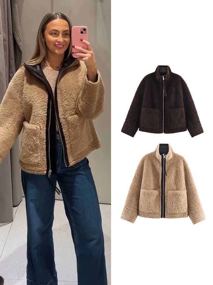 TFMLN Winter Womens Warm Leather Lamb Fur Splicing Jackets Chic Stand Collar Large Pockets Zipper Casual Fur Street OuterwearT251201