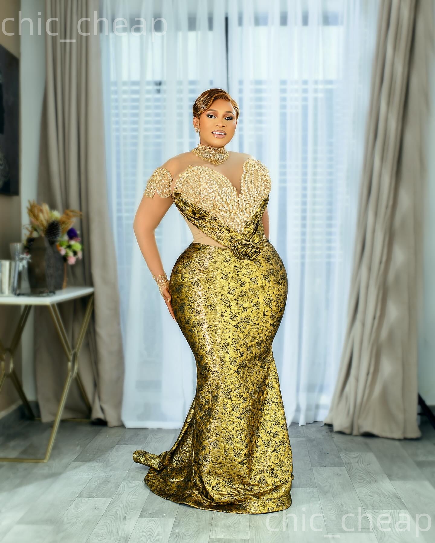 Aso Ebi Gold Mermaid Prom Dresses 2026 Printed Crystals Illusion Evening Formal Party Second Birthday Engagement Gowns Plus Size Dress For Special Occ