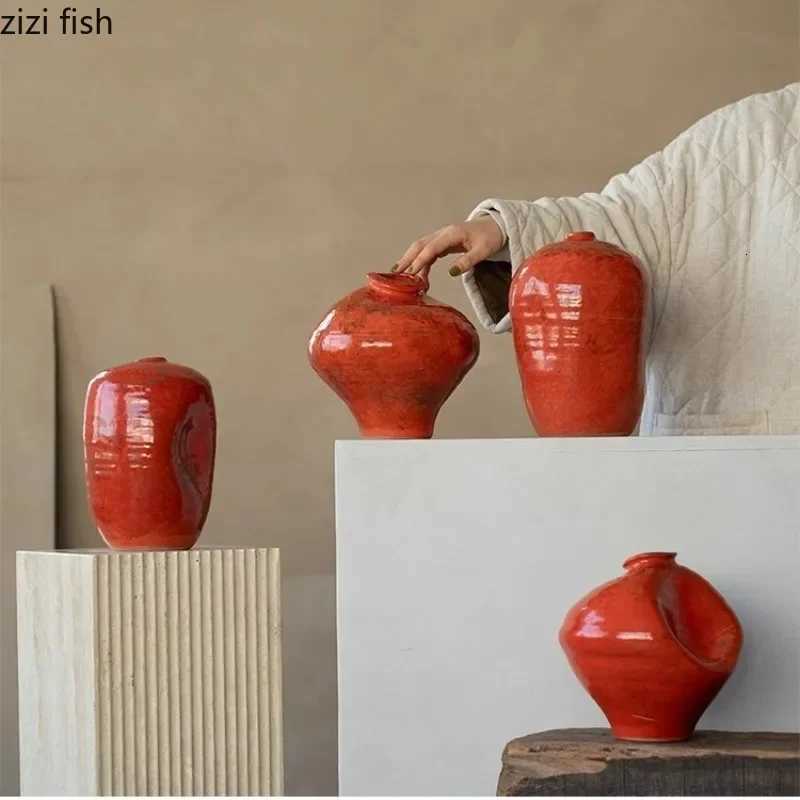 Red Gla Ceramic Vase Irregar Flower Arrangement Vese Hydroponic Vase Desktop Artistic Flower Ware Dried Flower Vases Y251201