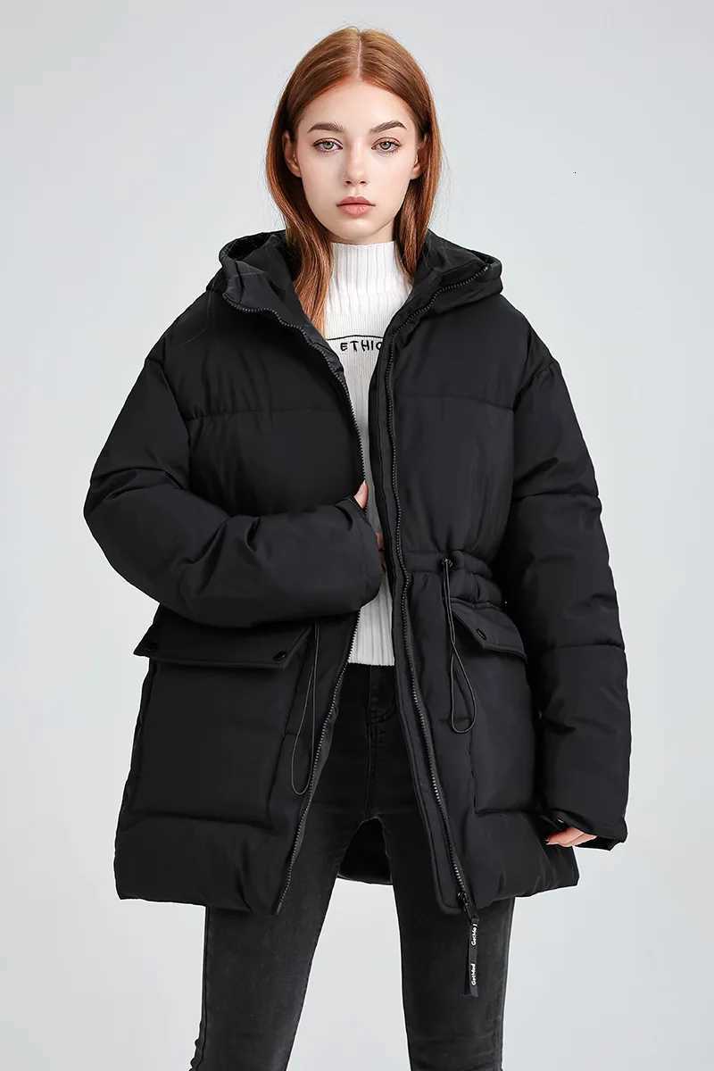 Women Drawstring Hooded Cotton Jacket Casual Fashion Stand Collar Zipper Pocket Warm Coat Lady Winter Commute Street OuterwearsT251201