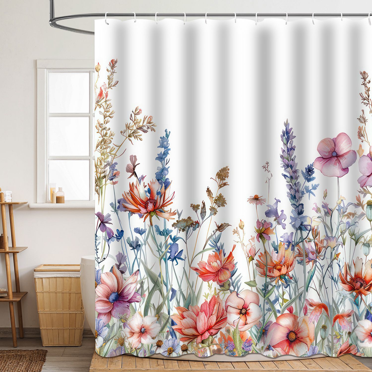 YL-37850 Shower Curtain with Digital Floral Print, Polyester, Waterproof and Mildew-proof Shower Bathroom Partition Curtain