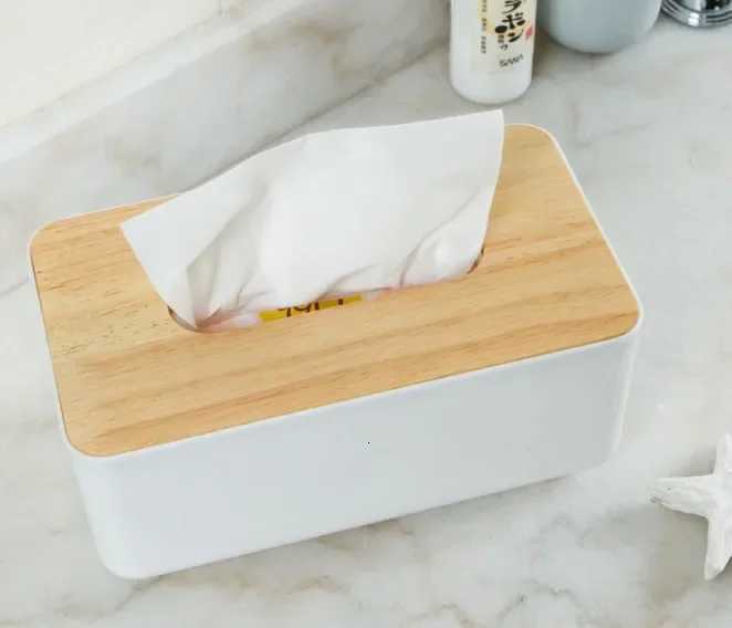 1PC Plastic Tissue Box Dispenser With Oak Wooden Cover Paper Household Car Napkins Holder He Organizer Decoration OK 0603 H251201