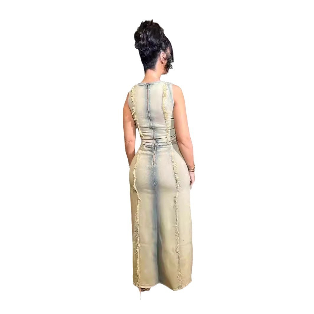 2024 Womens Fashion Trend Handmade Distressed Hollow Sexy Tank Top High Slit Denim Skirt Set 250210