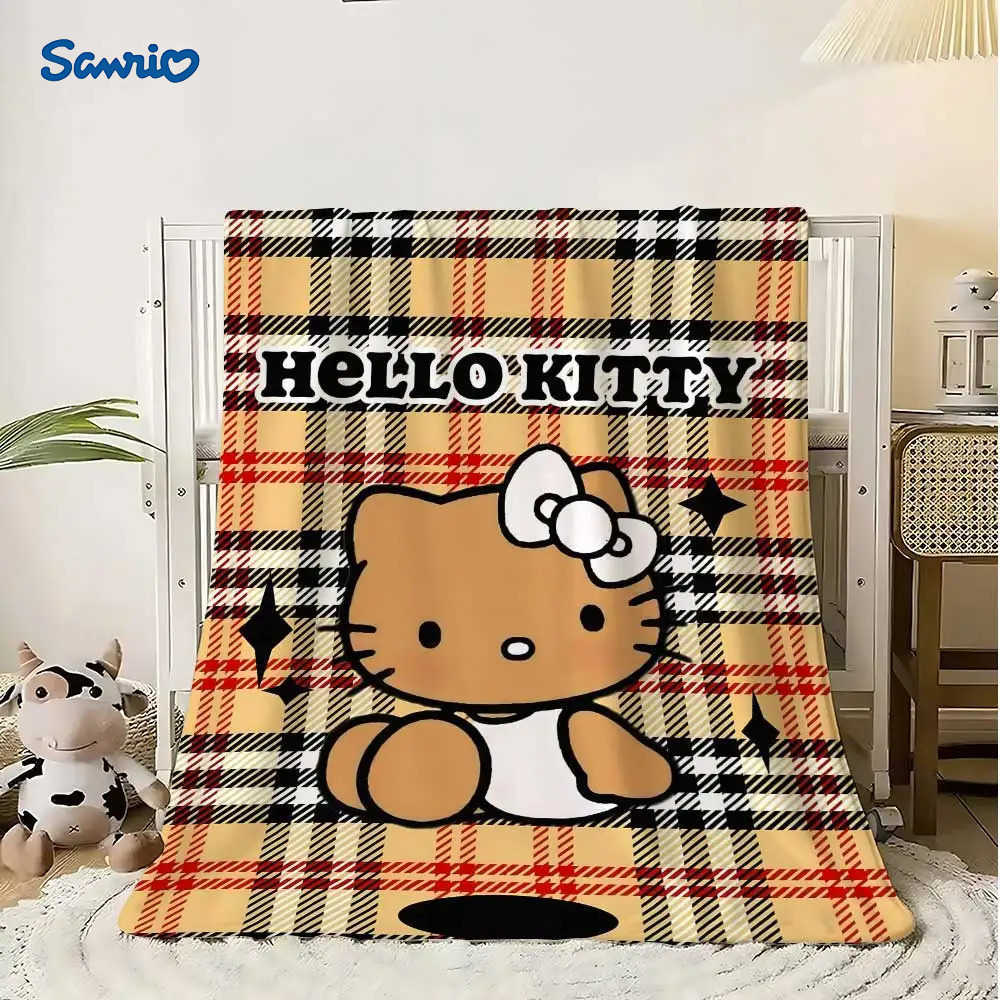 Sanrio Cute Throw Blanket for Sofa Luxury Blankets Kawaii Cat Hellos Checkered Pattern Home Interior Fluffy Plaid Microfiber Bedding H251201