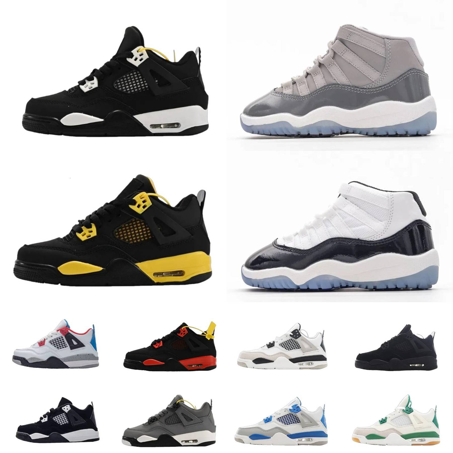 Designer 4 J4 J11 Kids Shoes Trainers 11 11s 4S Military Black Cat Pure White Cement RetroES Basketball Shoe COOL GREY Cherry Boy Girl Sports Thunder Outdoor Sneakers