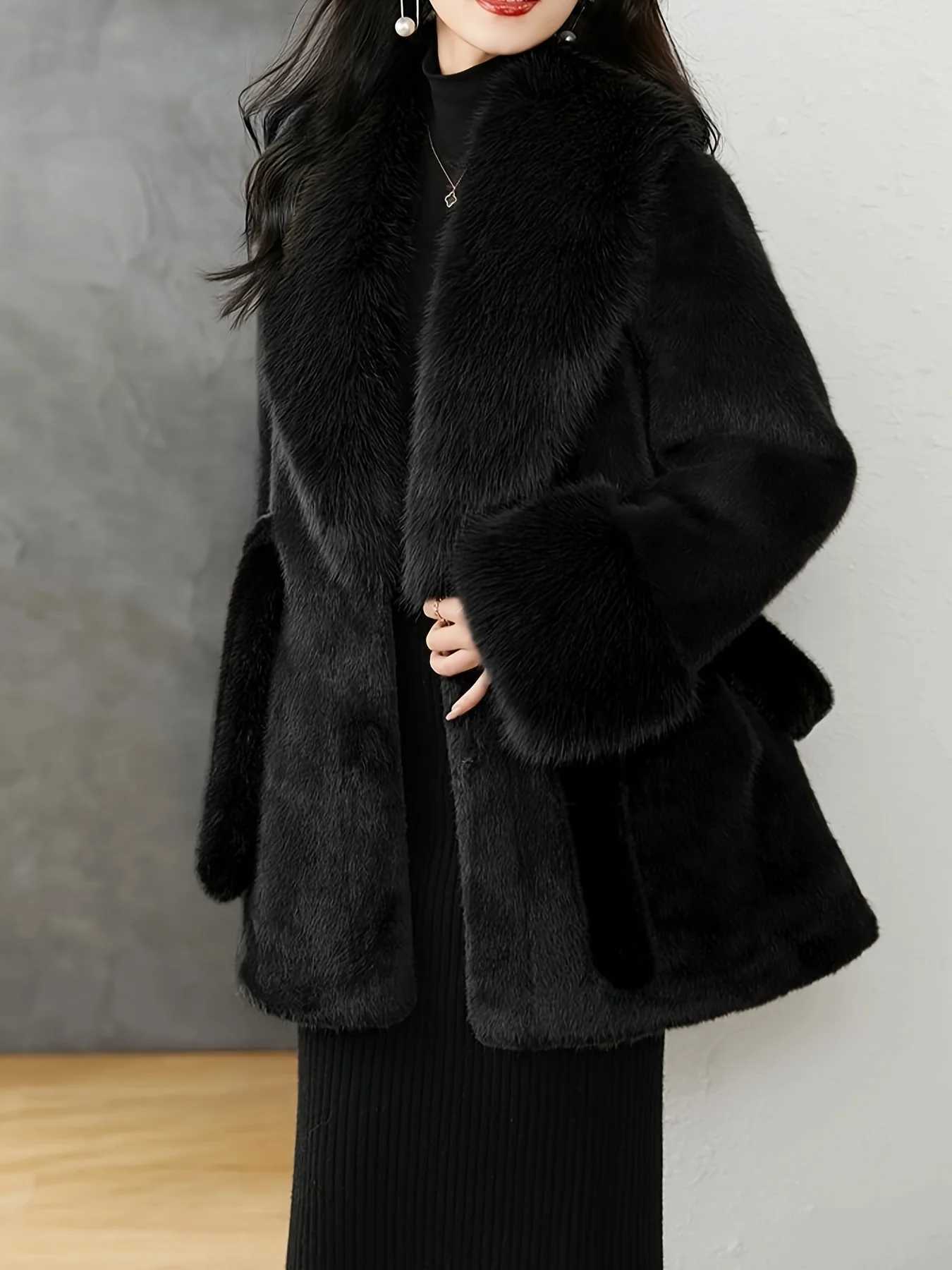 Luxurious Faux Fur Hood Brown Coat Warm Winter Elegance Textured Outerwear with Belt Shop NowT251201