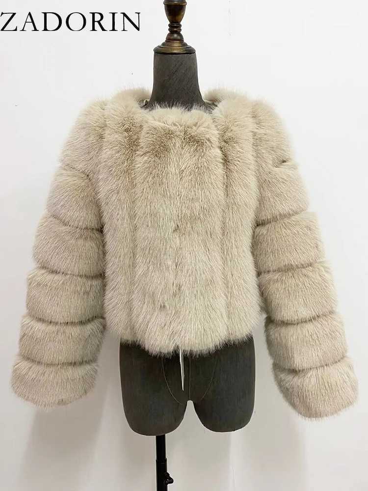 ZADORIN Luxury Fur Coats Long Sleeve Cropped Fluffy Faux Fox Fur Coat Women Pink White Jacket Tops Winter Jackets for Women 2025T251201