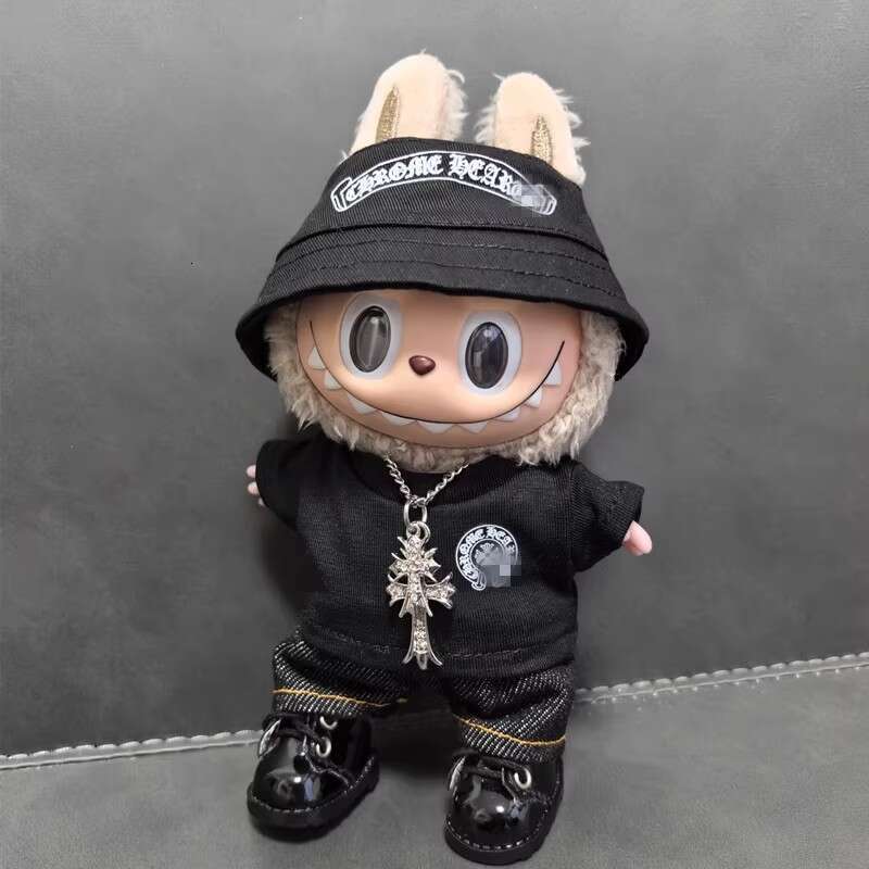15/17cm Doll Labubu Sitting Party Motorcycle Trendy Cool Leather Jacket Hat Set Clothes